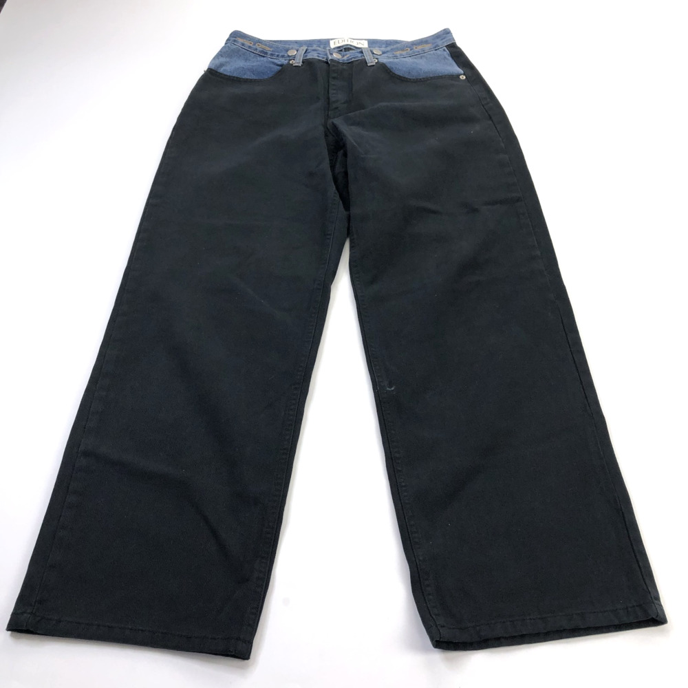 Edition XS/S (Fits 33W 31L) Color Block Wide Leg Mid Rise Denim Jeans Black HRJ